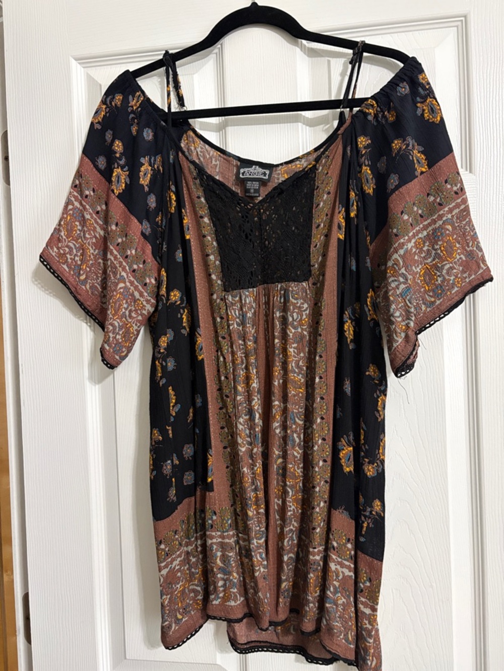 Black & Brown Boho Off-Shoulder Tunic Top